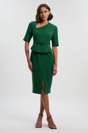 Dark Green Structured Crepe Forever Asymmetric Neck Belted Pencil Midi Dress USA at Karen Millen